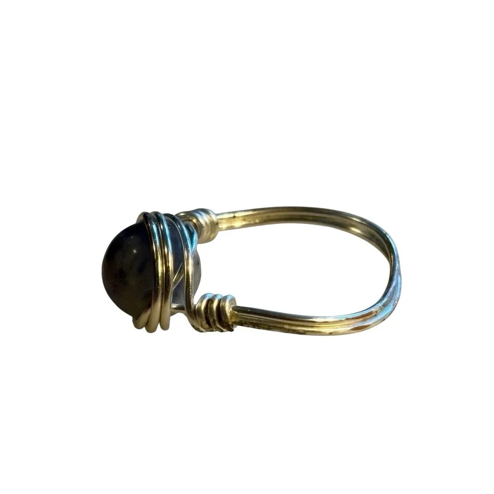 Sodalite Stone Ring Handtied Wire Wrap Gemstone Silver Tone Size 5.75 Blue White